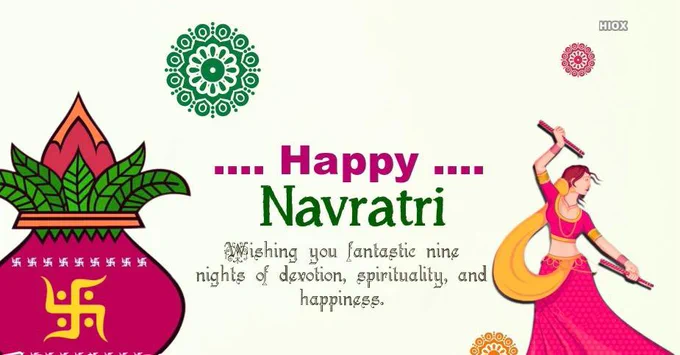 Photo, Image of an animated lady, in a traditional purple and yellow  outfit holding a dandya stick in both hands. On the bottom left, is a purple kalash with a coconut sitting on a bed of leaves.  The words Happy Navratri , wishing you fantastic 9 nights of devotion, spirituality and happiness, written in the top centre in green and purple text