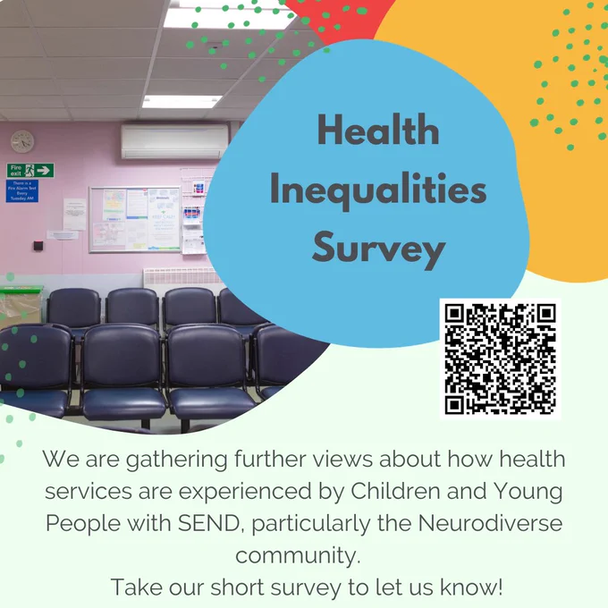 Image Description: Square image, with rounded photo of an empty waiting room on the upper left and circular shapes on the right in red and yellow, along with small circles in green over all. On top of these is a blue circular shape with grey text reading "Health Inequalities Survey" the bottom half of the image is pale green with a QR code link to the survey on the middle right and text underneath asking you to take the Survey.