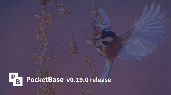 PocketBase v0.19.0 release banner with a bird eating berries in the background.