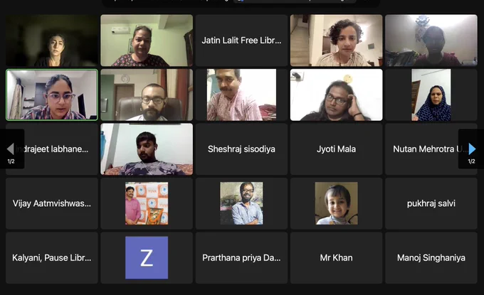 Screenshot of zoom participants. Some have their cameras on. Some off.