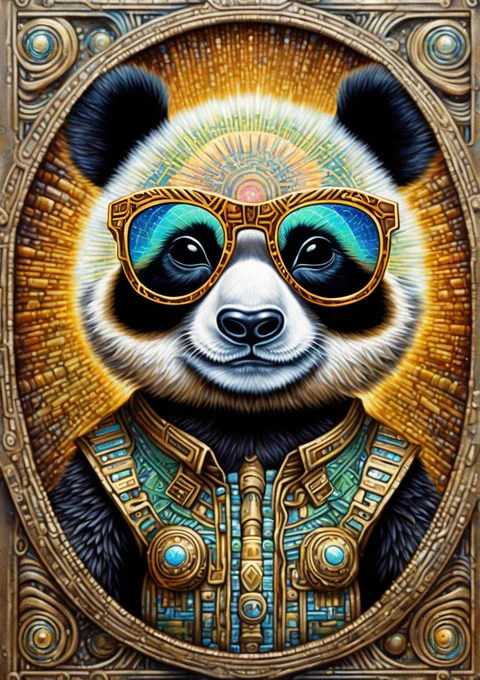 Little panda wearing sunglasses by geoglyphiks by michael divine and by amanda sage in the style of oil painting visionary art, intricate oil painting artwork., trending on artstation, very coherent symmetrical artwork, oil painting, period 1923 - 1927