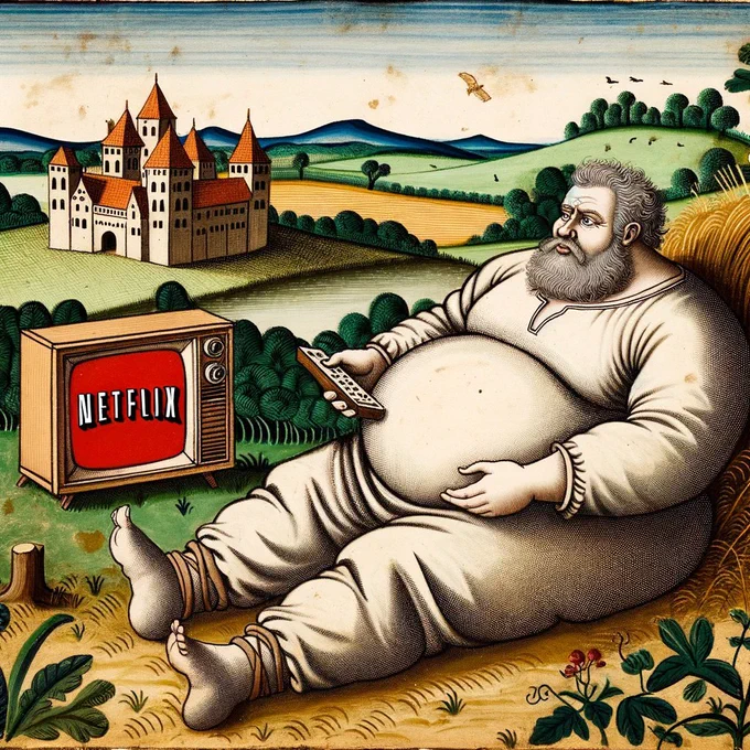 Drawing inspired by the art of medieval manuscripts, portraying a larger man in a serene countryside setting, engrossed in watching Netflix on an old-style device.