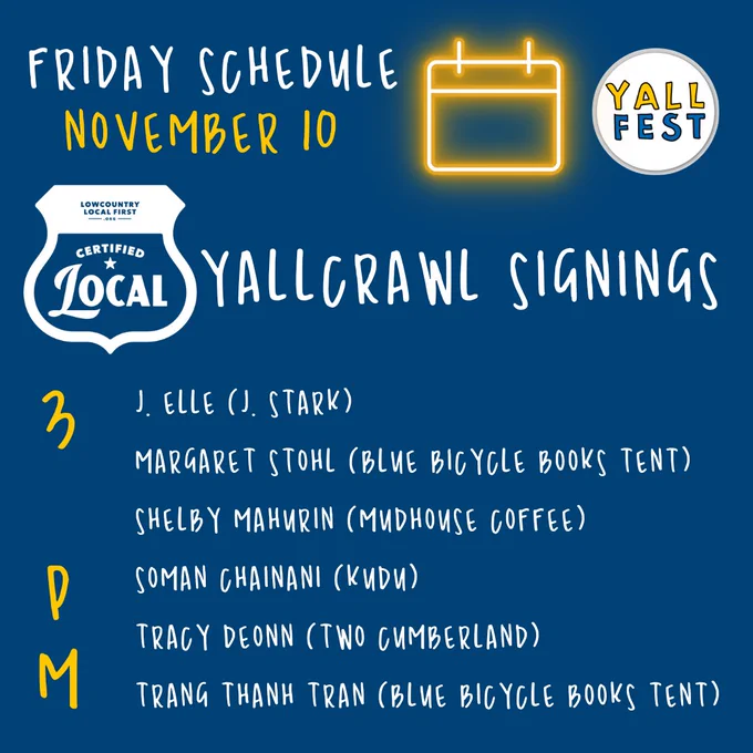 3 pm J. Elle (J. Stark)
Margaret Stohl (Blue Bicycle Books Tent)
Shelby Mahurin (Mudhouse Coffee)
Soman Chainani (Kudu)
Tracy Deonn (Two Cumberland)
Trang Thanh Tran (Blue Bicycle Books Tent)