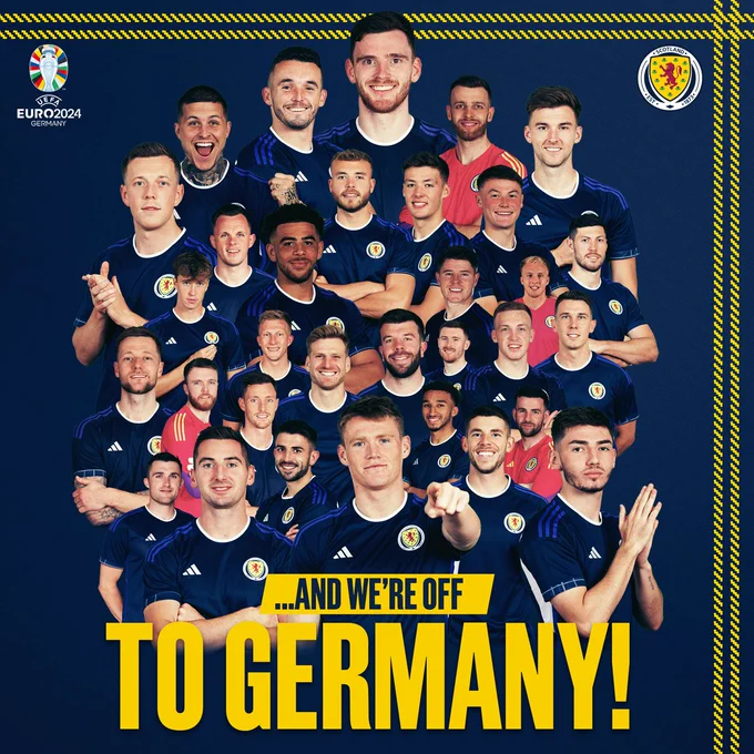 A graphic design celebrating Scotland qualifying for EURO 2024, featuring an mage of all players who have been part of a Scotland squad in this qualifying campaign.