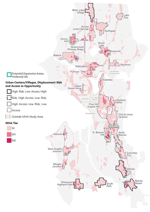 Map showing Mandatory Housing Affordability (MHA) zones in pink across Seattle. Downtown, Uptown, South Lake Union, and University District were subject to MHA but were not included in this study.