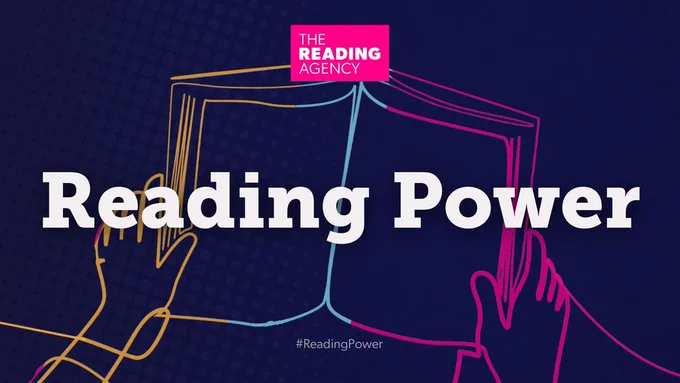 Dark blue graphic with line illustration of an open book. White text reads: Reading Power. The Reading Agency is at the top.