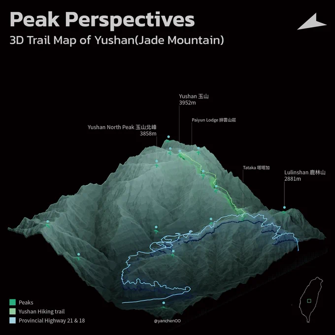 Yushan, also known as Jade Mountain, stands as Taiwan's highest peak at an elevation of 3,952 meters. The hiking trail spans 10.9 kilometers and can typically be completed within two days. The main starting point is Tataka (塔塔加) on Provincial Highway 21 (台21). Paiyun Lodge (排雲山莊) is the overnight lodging on the route.

Source: OSM Contributors, Directorate General of Highway, MOTC, National Land Surveying and Mapping Center