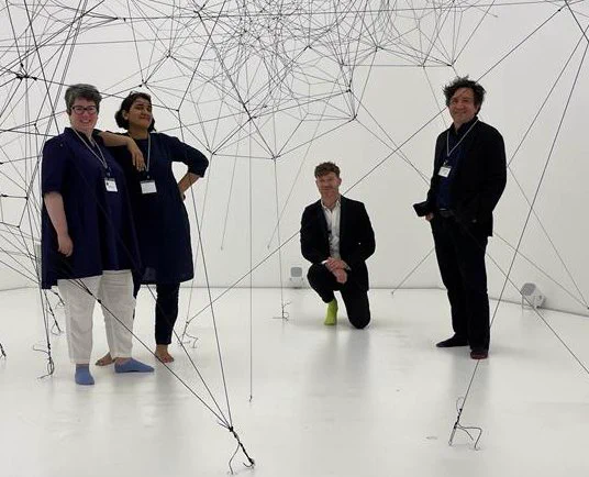 Science Gallery Directors (left to right): Sarah Durcan (International), Jahnavi Phalkey (Bengaluru), Ryan Jefferies (Melbourne), Miguel Alejandro Virgen (Monterrey) with work by artist Tomas Saraceno.