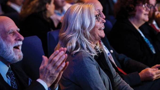 ECOC 2023 plenary speakers, Vint Cerf of Google and Polina Bayvel of UCL, in the audience.