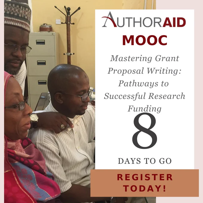  On the left, researchers are working on the computer. There are two male researchers and one female. On the right, there's text. It says 'AuthorAID MOOC' in big bold letters and 'Mastering Grant Proposal Writing: Pathways to Successful Research Writing' in italics. Below, it says '8 days to go' for the MOOC to start. Underneath in bold, it reads 'Register Today'.