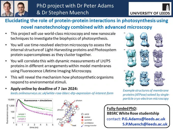 Contact P.G.Adams@leeds.ac.uk and/or S.P.Muench@leeds.ac.uk for discussions. Apply online by 7 Jan 2024. 
https://leeds.onlinesurveys.ac.uk/white-rose-bbsrc-dtp-expression-of-interest-form 
Expected start date of PhD: 1st Oct 2024
