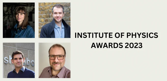 Portrait photos of the 4 winners Hannah Stern, Harry Cliff, Ulrich Keyser and Ulrich Schneider, with the words Institute of Physics Awards 2023