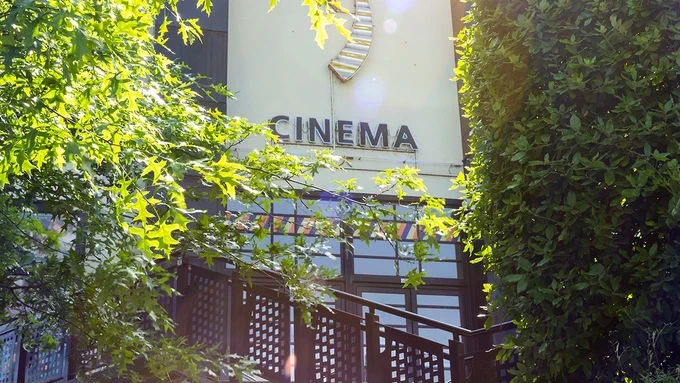 Showroom Cinema's signage pictured through lush green foliage