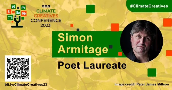 A graphical poster featurng information from the post along with a photo of Simon Armitage. The post features a QR code and link pointing to the same location as the link in the post text.