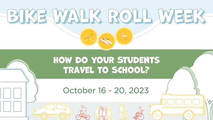 Bike Walk Roll Week poster asking "How do your students travel to school"
