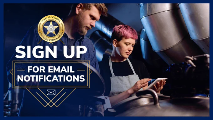 Next to a large, steel cistern, two employees in the alcoholic beverage industry look at a computer tablet. Text on top of the image says, "Sign up for email notifications."
