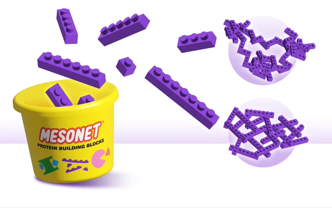purple building blocks (like lego) of different sizes, floating out of a tub with the word mesonet on it.