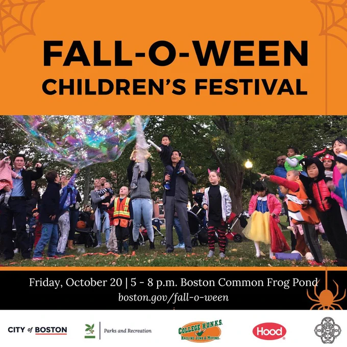 graphic with children dressed up in Halloween costumes celebrating together outside with text: FALL-O-WEEN CHILDREN'S FESTIVAL