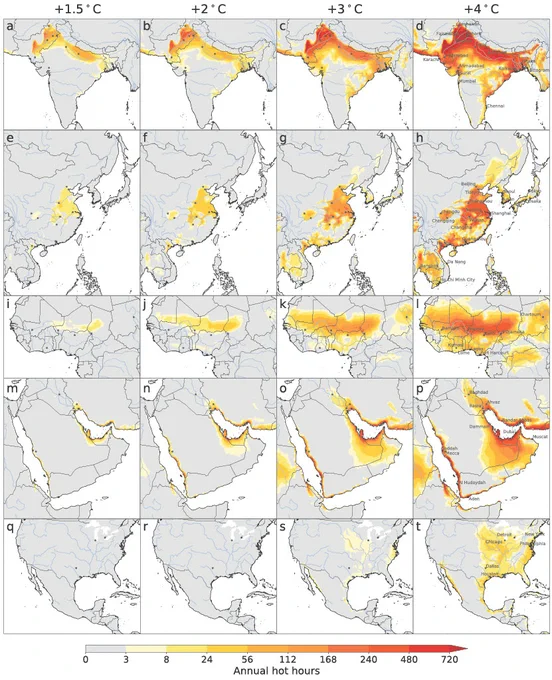 Color-coded maps.

Annual hot-hours over South Asia, East Asia, North Africa, Middle East, and North America under 1.5, 2, 3, and 4 ◦C of warming relative to preindustrial levels.