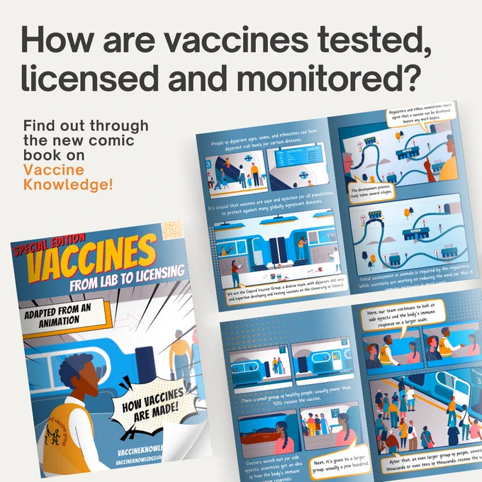 A flat-lay image of a new comic book launched by the vaccine knowledge project, that can be found on the vaccine knowledge website.  The comic book explains the process of how vaccines are tested, licensed, and monitored. 