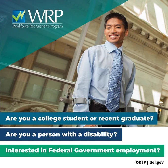 Person dressed in professional attire uses crutches and stands outside of a building. The WRP logo is in the left corner and ODEP and dol.gov are in the lower right. 