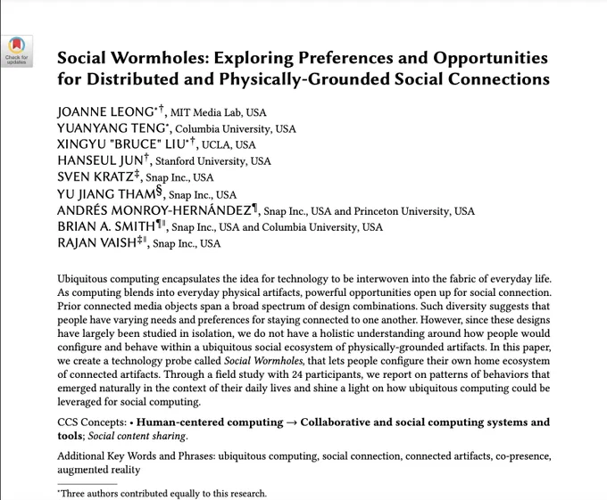 The first-page screenshot of paper titled "Social Wormholes: Exploring Preferences and Opportunities for Distributed and Physically-Grounded Social Connections"