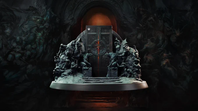 Image of custom Diablo IV-themed Xbox Series X Console and custom stand on a dark background.