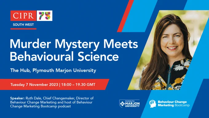 event flyer "murder mystery meets behavioural science. The Hub. Plymouth  Marjon University, Tuesday 7 November 6pm-7.30pm 