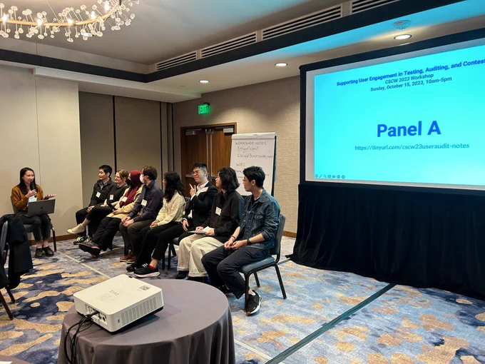 Michelle Lam moderating a panel during CSCW 2023 User AI Audit workshop