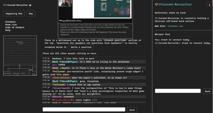 A screenshot of the MUD during a previous year's talk from a user named Cursed-Recruiter.