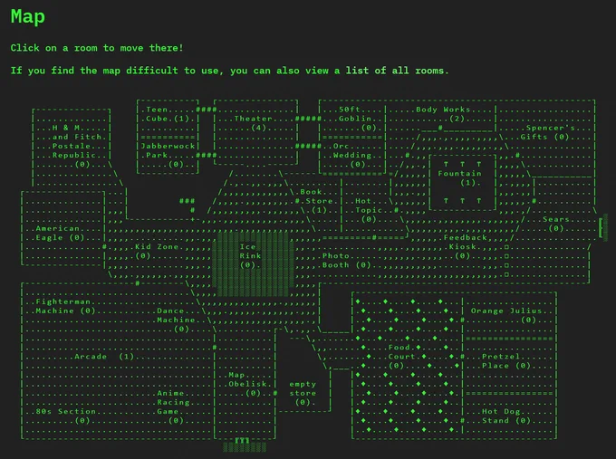 An ASCII map of this year's social space, in monochrome green. It looks like a shopping mall.