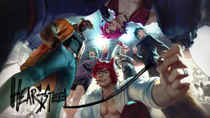 HEARTSTEEL K’Sante, Ezreal, Sett, Yone, Aphelios, and Kayn pose for a photo. Sett scrawls “HEARTSTEEL” on the camera lens.