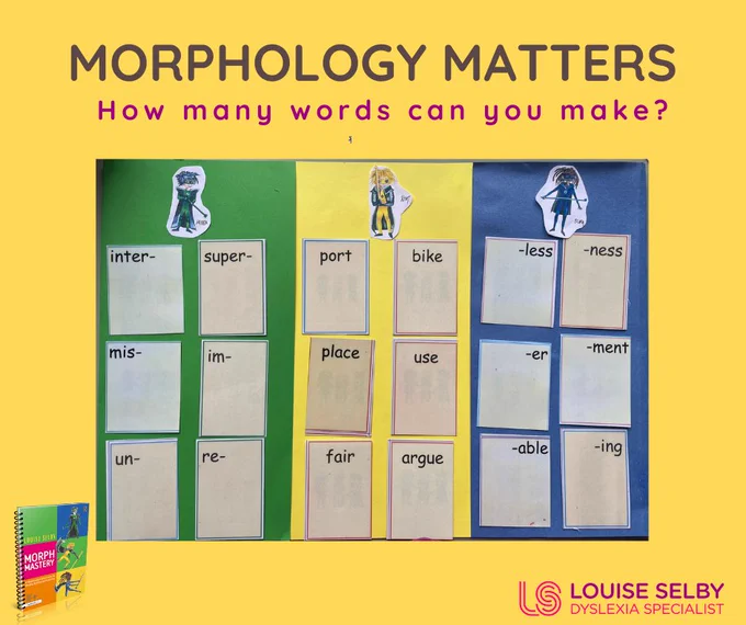 Morphology Matters, How many words can you make?

A board with three columns, green to the left, yellow in centre and blue to right. 

In green column are prefixes inter-, super-, mis-, I'm-, un-, re-,

In yellow column are roots port, bike, place, use, fair, argue. 

In blue column are suffixes -less, -ness, -er, -ment, -able, -ing.