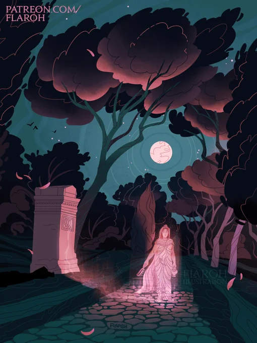 art by flaroh illustration. A night scene of the via appia bathed in full moonlight. The colours are dark greeny blues and the highlights are light pink. At the centre of the illustration is a glowing ghost of usia prima in the middle of the road.