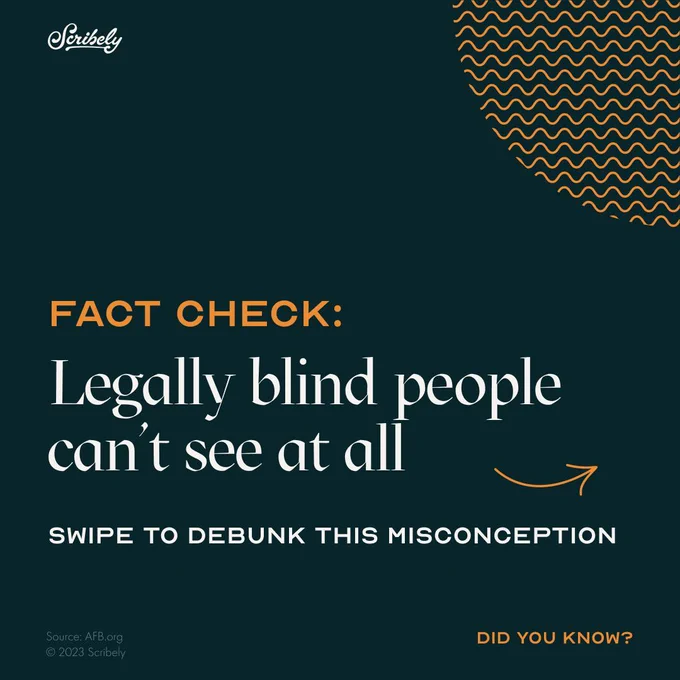 arousel of three text images. First image reads, “Fact check. Legally blind people can’t see at all. Swipe to debunk this misconception.”