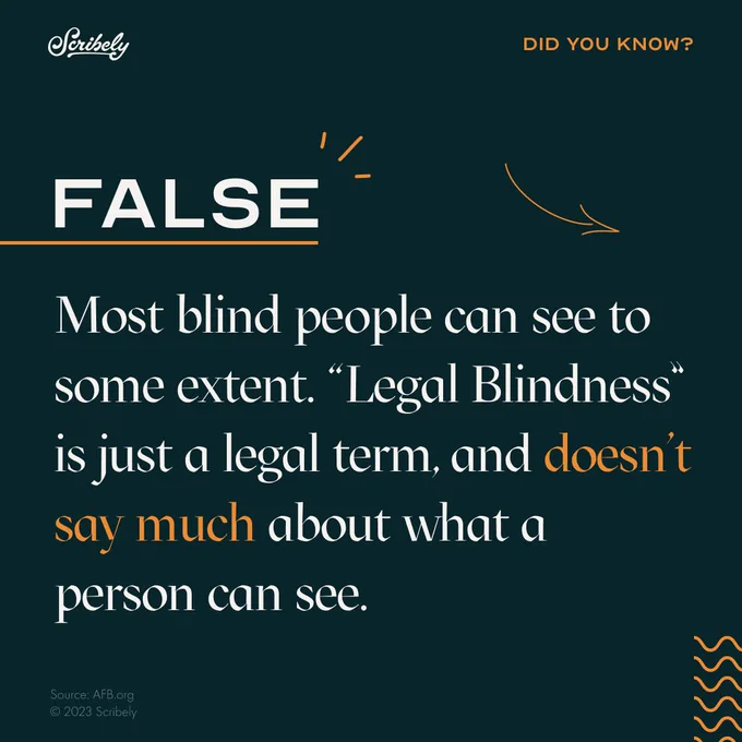 Second image reads, “False. Most blind people can see to some extent. ‘Legal blindness’ is a legal term, and doesn’t say much about what a person can see.” 
