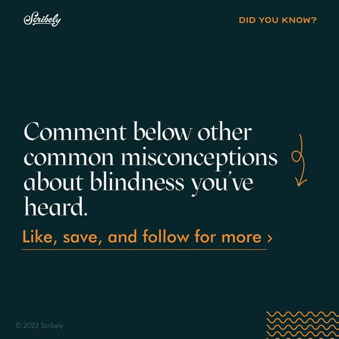 Third image reads, “Comment below about other common misconceptions about blindness you’ve heard. Like, save, and follow for more”
