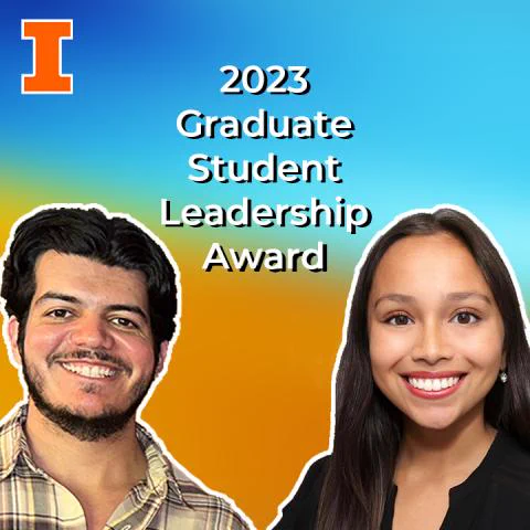 Headshots of the two award winners are overlaid on a background with a blue and orange gradient. The recipient on the left is a young man with black hair and a beard who is wearing a beige plaid shirt. The recipient on the right is a young woman with long, dark hair. She is wearing a black top and earrings.