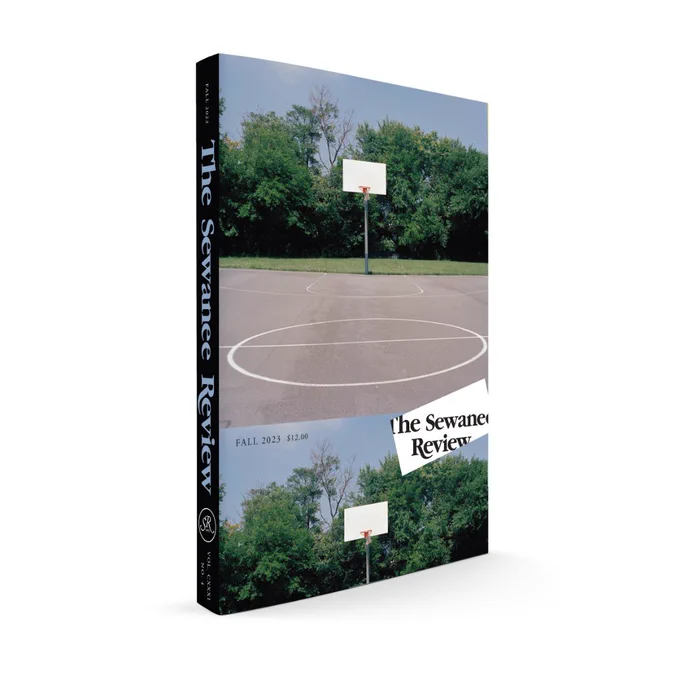 The image is a hi-res render of the Sewanee Review Fall 2023 issue. The spine is black with blue text. The front image depicts a basketball court in late summer. 