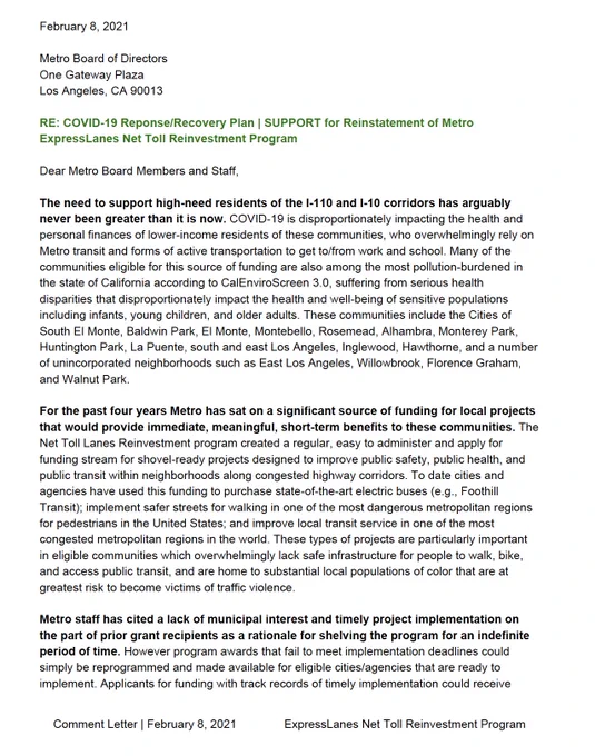 Joint letter in support of the reinstatement of the Metro ExpressLanes Net Toll Revenue Program. Source: https://docs.google.com/document/d/1lXSk0LRy00iJL90E5uu1gpp6iU2edyCOrVMW99WZg5Q/edit?usp=sharing