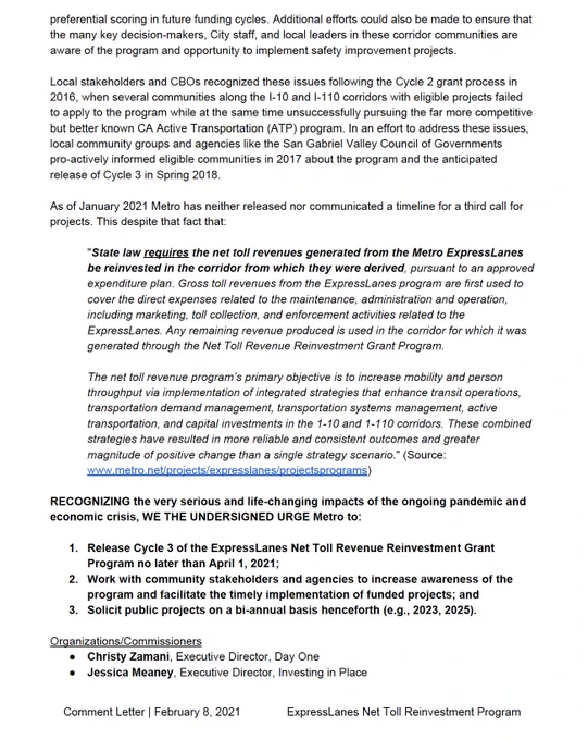 Joint letter in support of the reinstatement of the Metro ExpressLanes Net Toll Revenue Program. Source: https://docs.google.com/document/d/1lXSk0LRy00iJL90E5uu1gpp6iU2edyCOrVMW99WZg5Q/edit?usp=sharing
