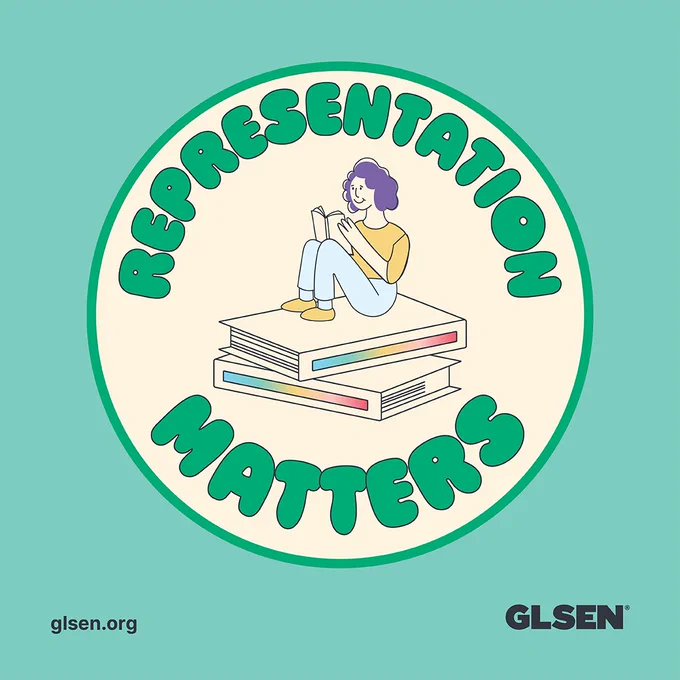 An illustration of a person sitting on two large books while reading a book. The text "Representation Matters" circles the illustration.