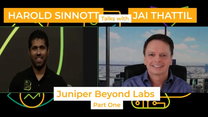 Harold Sinnott posted on @YouTube, Twitter @X, @LinkedIn, a #video interview with Jai Thattil, from Juniper Network about Juniper Beyond Labs (logo) . Also a picture from the interview. @HaroldSinnott 
