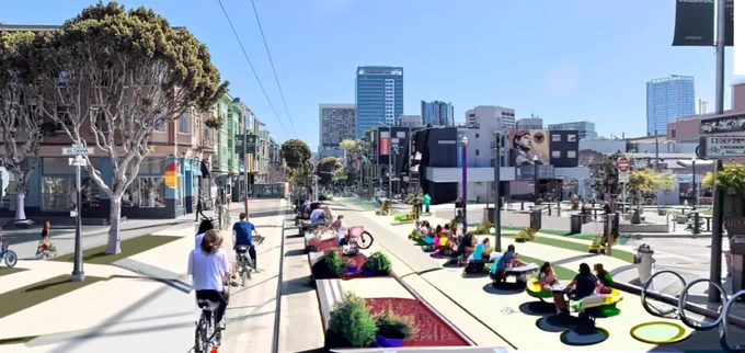 AI-rendered view of a pedestrianized Hayes Street, at Hayes and Octavia looking east. People on bikes and sitting at tables, among planters.