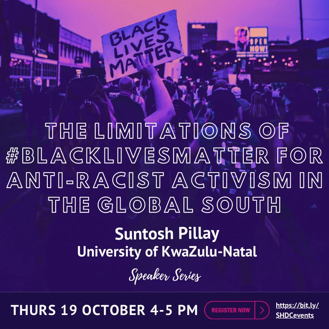 Image shows protesters with black lives matters signs. Event information is written on top of photo.