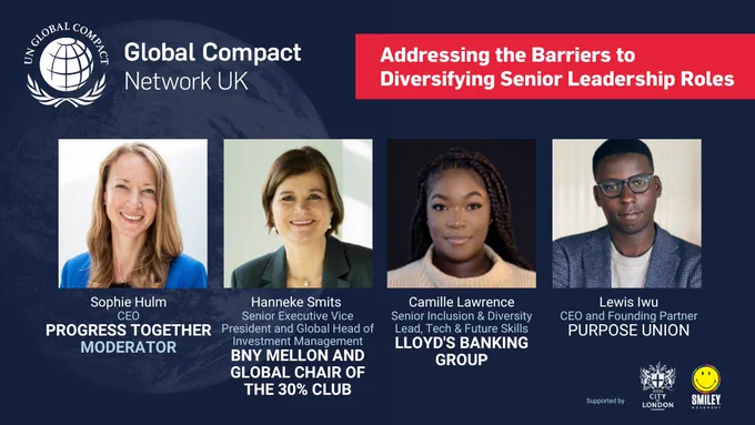 A banner advertising the 'Addressing the Barriers to Diversifying Senior Leadership Roles' session. There are headshots from Sophie Hulm, Hanneke Smits, Camille Lawrence, and Lewis Iwu.  
