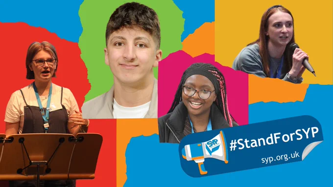 Graphic with blue background. Images of current Members of the Scottish Youth Parliament on colourful backgrounds. #StandForSYP logo at the bottom.