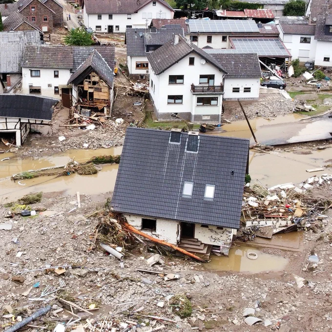 A destroyed house from the catastrophic German Floods, exacerbated by fossil fuel induced climate change.