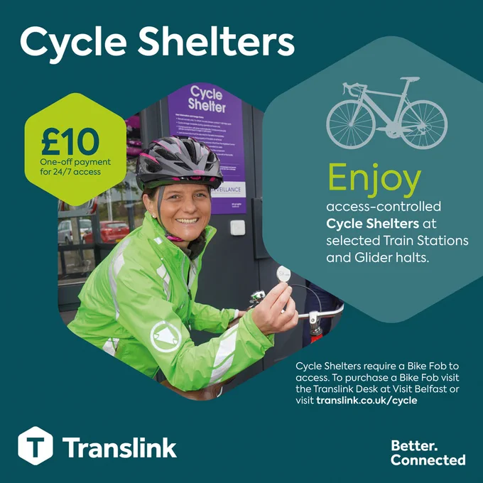 Cycle shelter asset promoting bike fobs to controlled access shelters for £10 at selected train and glider halts 