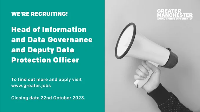 hand holding a mega phone. We're recruiting! Head of Information and Data Governance and Deputy Data Protection Officer.